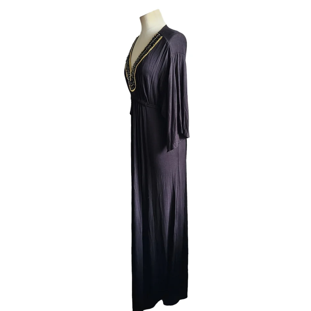 IMAN Beaded Neckline Maxi Dress Black Open Sleeve Size Med Tall NEW